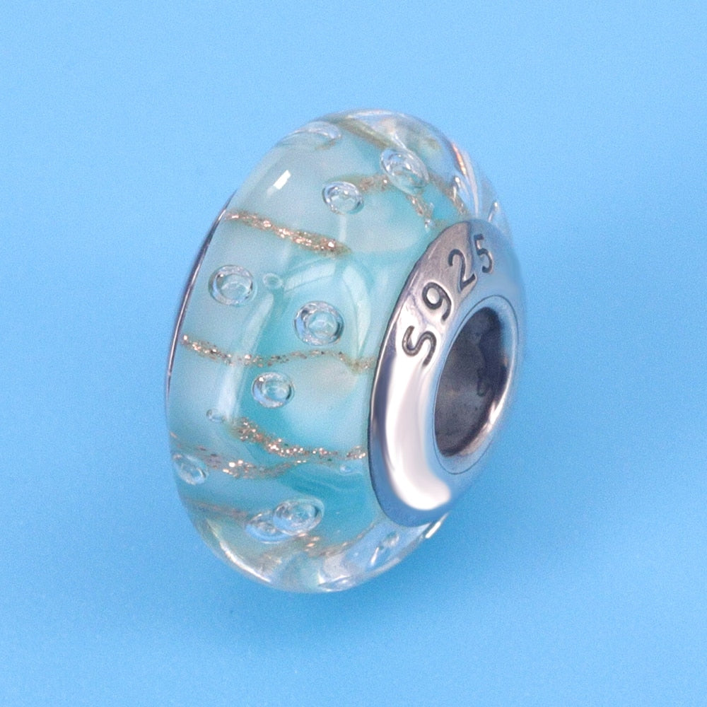 2023 New Original 100% 925 Sterling Silver Glass Bead Wood Stone Murano Flower Charms Fit Pandora Bracelet DIY Women Jewelry - YW29062