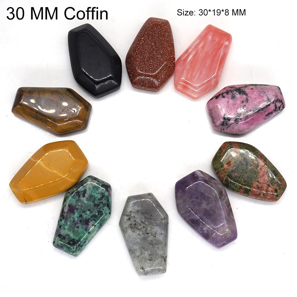 10PCS/ Set Mix Natural Stones Animal Statue Healing Crystal Plant Figurine Gemstone Carved Angel Wicca Craft Decor Wholesale Lot - Coffin 30MM