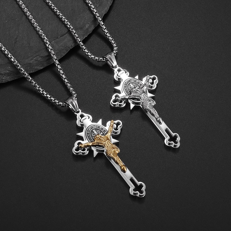 Saint St. Benedict Jesus Cross Pendant Necklace Men and Women Religious Christian Catholic Amulet Stainless Steel Jewelry