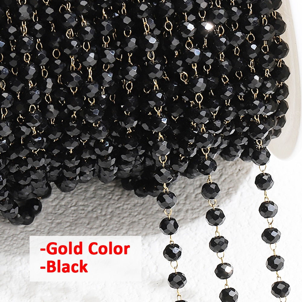 1meter Crystal Stone Stainless Steel Chain Red Purple Beaded Chains for Necklace Bracelet Sweater Chain Jewelry Making DIY - Black-Gold / 3.5mm Beads