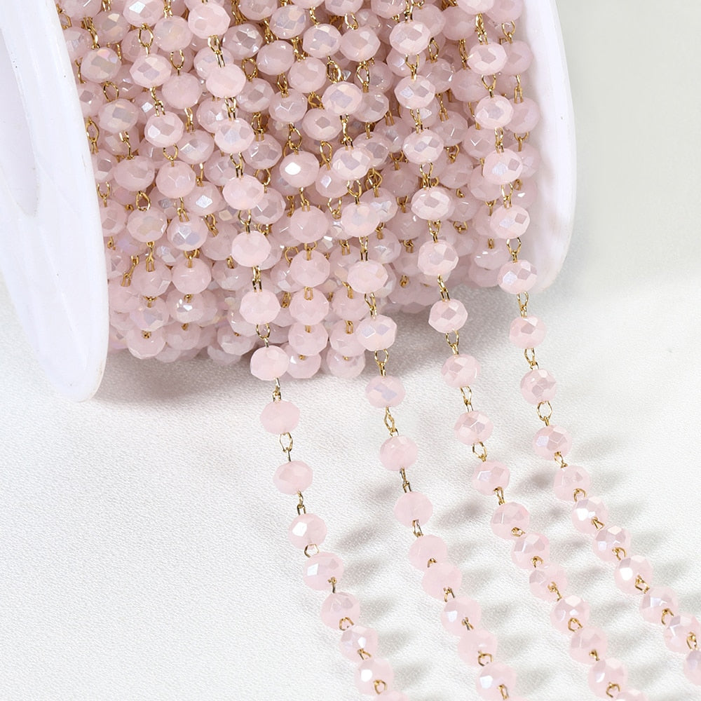 1meter Crystal Stone Stainless Steel Chain Red Purple Beaded Chains for Necklace Bracelet Sweater Chain Jewelry Making DIY - Pink-Gold / 3.5mm Beads