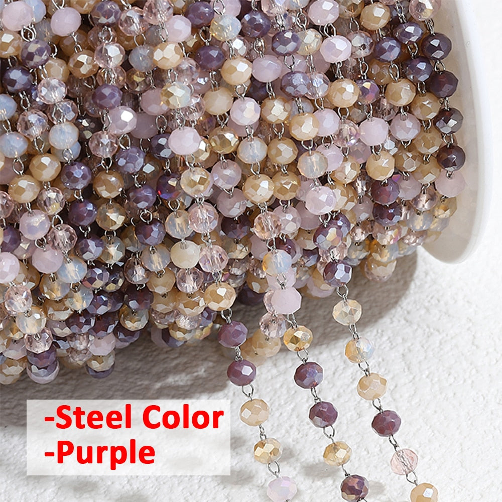 1meter Crystal Stone Stainless Steel Chain Red Purple Beaded Chains for Necklace Bracelet Sweater Chain Jewelry Making DIY - Purple Yellow-Steel / 3.5mm Beads