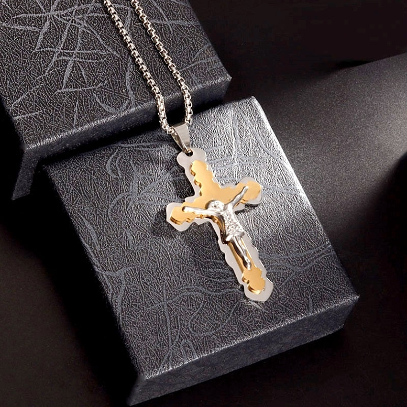 Saint St. Benedict Jesus Cross Pendant Necklace Men and Women Religious Christian Catholic Amulet Stainless Steel Jewelry - AL20061-Gold
