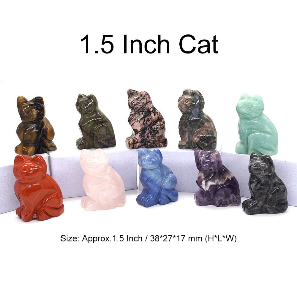 10PCS/ Set Mix Natural Stones Animal Statue Healing Crystal Plant Figurine Gemstone Carved Angel Wicca Craft Decor Wholesale Lot - Cat 1.5 IN