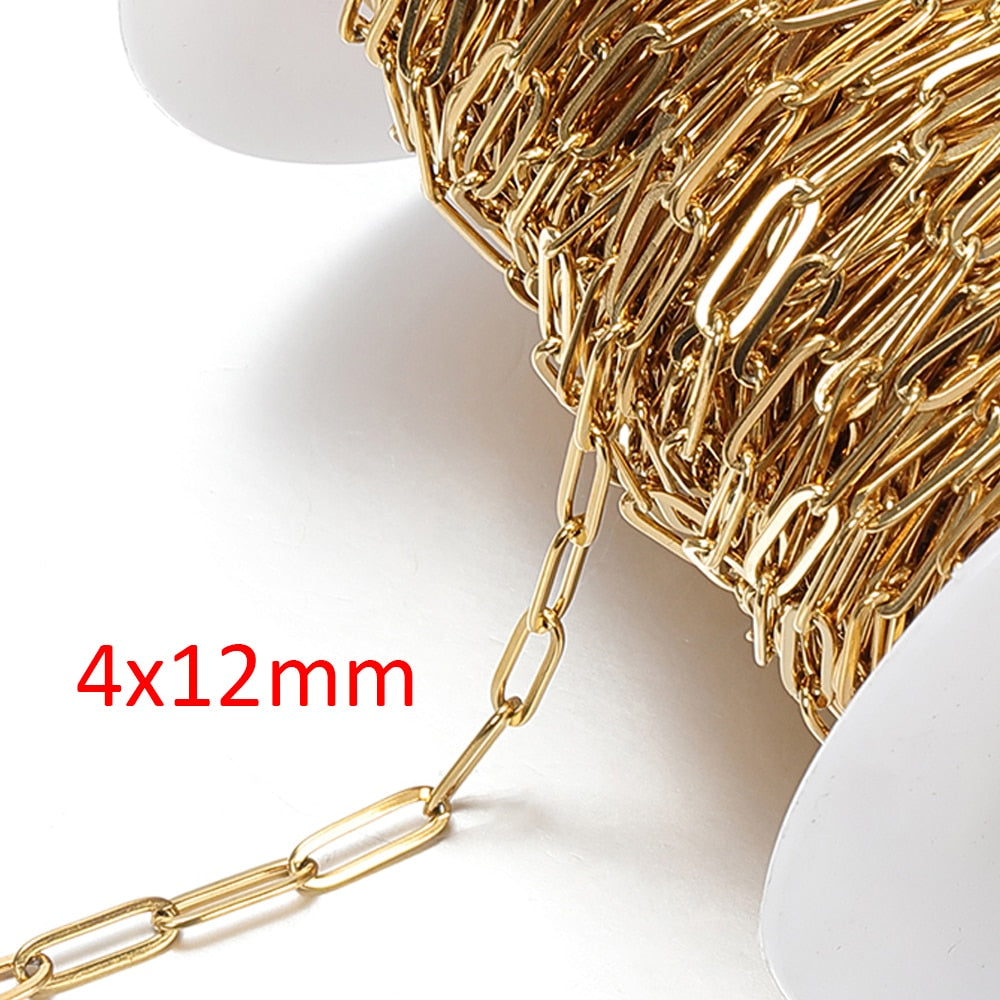 No Fade 2Meters Stainless Steel Chains for Jewelry Making DIY Necklace Bracelet Accessories Gold Chain Lips Beads Beaded Chain - A-Gold 4x12mm