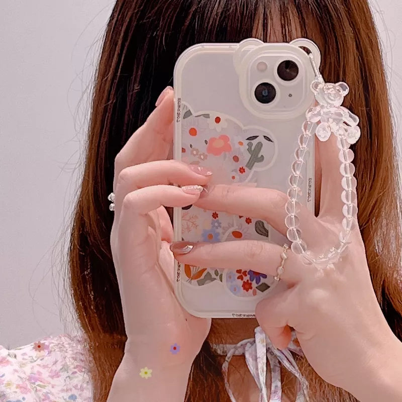 Bear Ear Flower Transparent Hang Phone Chain Silicone Case for iphone 13 11 Pro Max 12 XR X XS Protective Clear Soft Cover