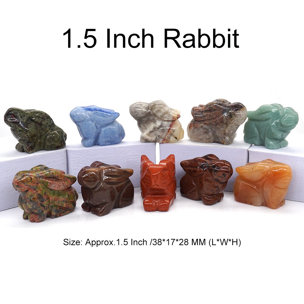 10PCS/ Set Mix Natural Stones Animal Statue Healing Crystal Plant Figurine Gemstone Carved Angel Wicca Craft Decor Wholesale Lot - Rabbit 1.5 IN