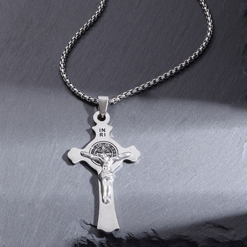 Saint St. Benedict Jesus Cross Pendant Necklace Men and Women Religious Christian Catholic Amulet Stainless Steel Jewelry - AL19982-Silver