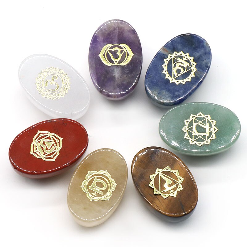 7Pcs Seven Chakras Natural Stone Set Egg Shape Crystal Reiki Healing Crystal Gemstone Engraved Ellipse Yoga Stone Home Decor - 7pcs-egg shape