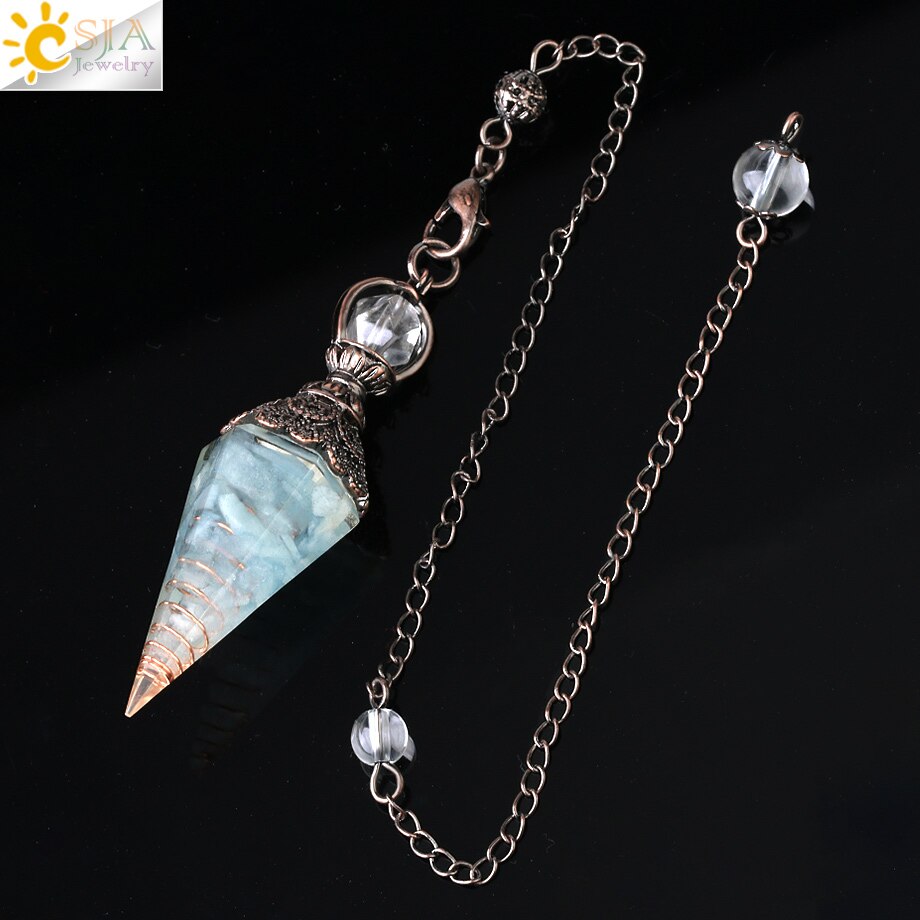 CSJA Natural Gem Stone Pendulum for Divination Dowsing Esoterisme 7 Chakra Crystals Pendulums Tree of Life Necklace Pendant G905