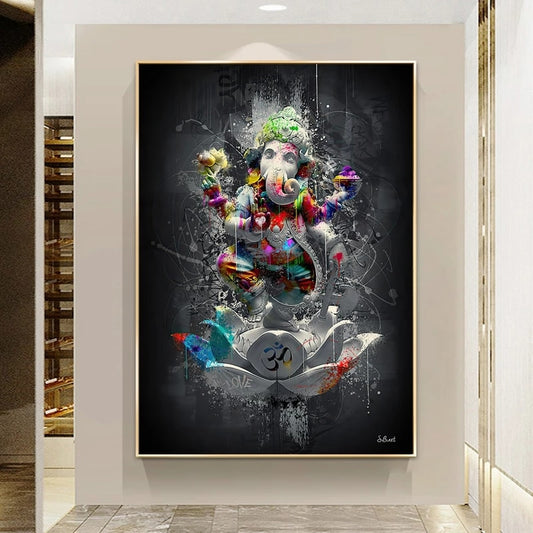 Graffiti Canvas Painting Hindu Elephant God Wall Art Religion Ganesha Lotus Poster Print Wall Picture for Living Room Home Decor