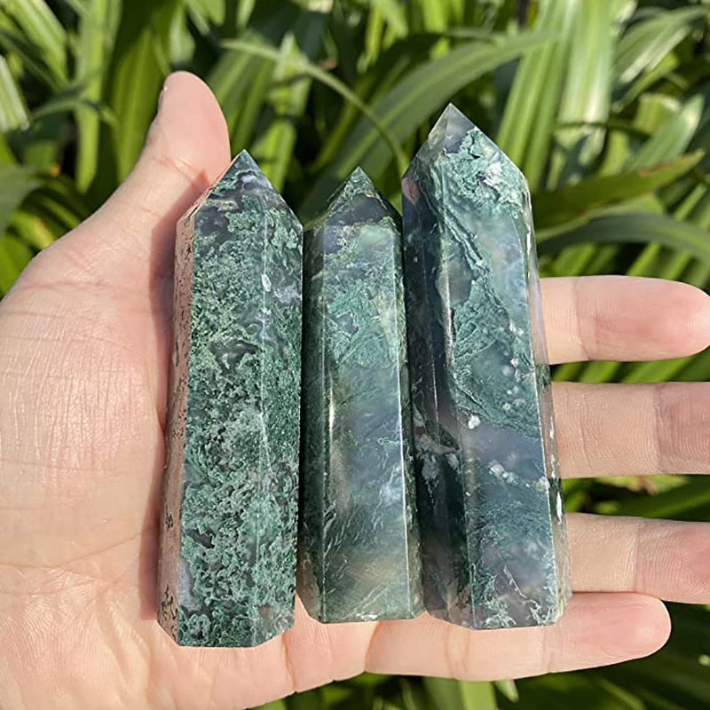 Natural Crystals Moss Agate Wands Healing Chakra Stones 6 Faceted Prism Aquatic Agate Single Point Tower Home Decor