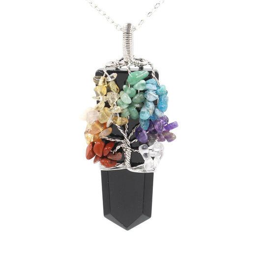 Crystal Column Tree Of Life Winding Pendant Necklace - Obsidian