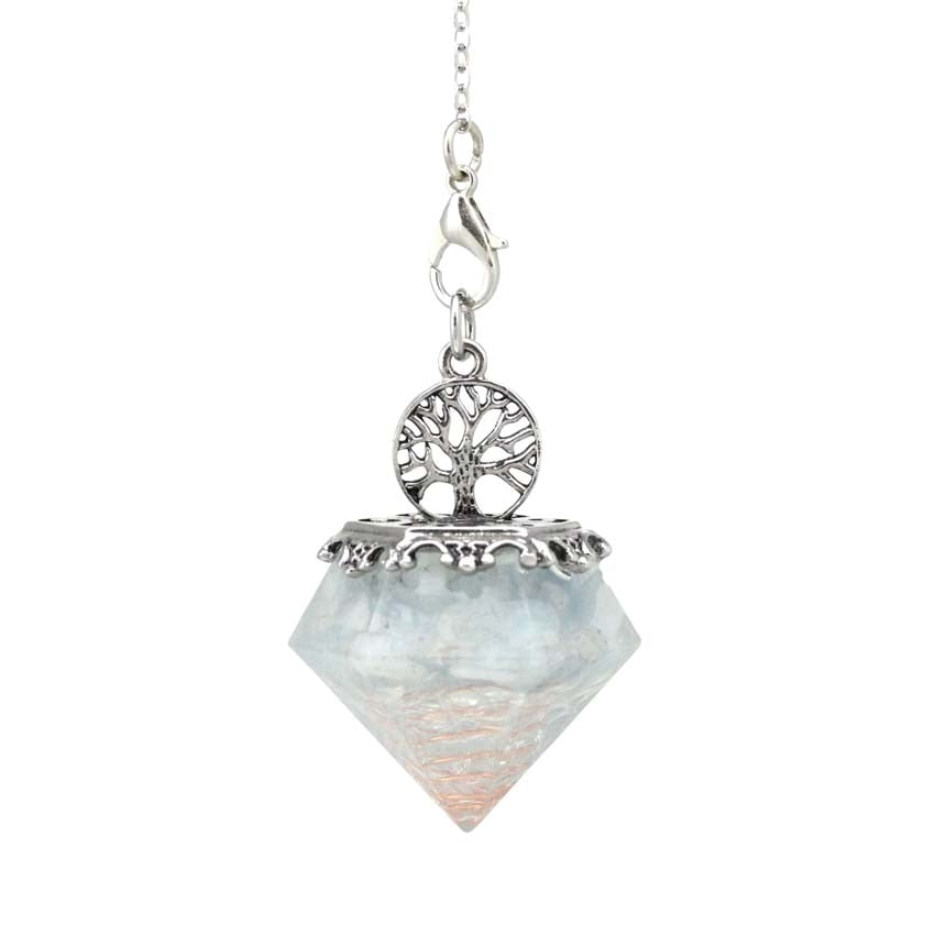 KFT Natural Crystal Stone Orgonite Orgone Hexagonal Pyramid Tree of Life Stone Pendant Pendulum Chain For Energy Amulet Jewelry - Aquamarine