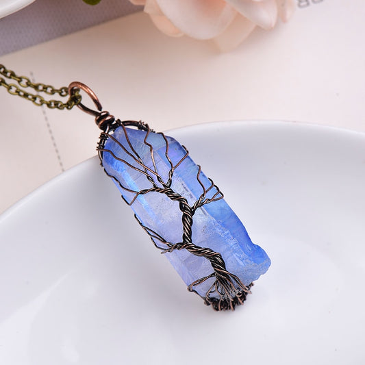 1PC Natural Aquamarine Crystal Tree Of Life Pendant Bronze Necklace Embellish Healing Energy Stone  For Girl Increase Charm Gift