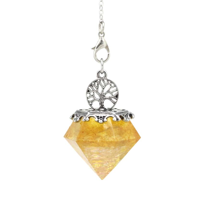 KFT Natural Crystal Stone Orgonite Orgone Hexagonal Pyramid Tree of Life Stone Pendant Pendulum Chain For Energy Amulet Jewelry - Citrine