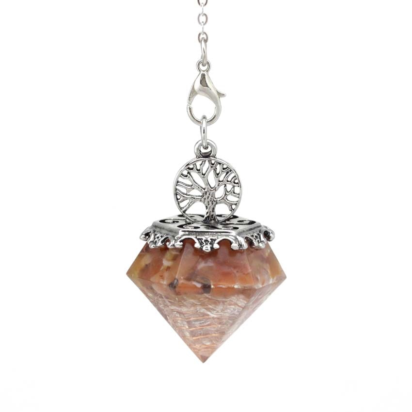 KFT Natural Crystal Stone Orgonite Orgone Hexagonal Pyramid Tree of Life Stone Pendant Pendulum Chain For Energy Amulet Jewelry - Carnelian