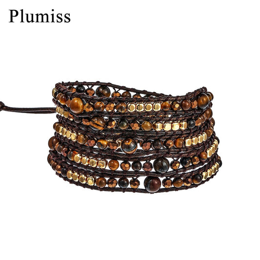 Plumiss Tiger Eye Wrap Bracelets for Women Lady Crystal Copper Beads Handmade Braided Boho Bracelet Natural Stone Femme Jewelry