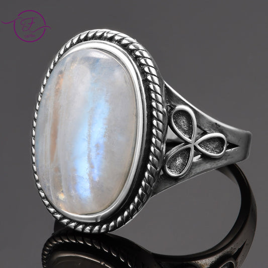 Natural Moonstone Rings for Women's Silver 925 Jewelry Vintage Party Rings With 11x17MM Big Oval Gemstone Gifts Wholesale