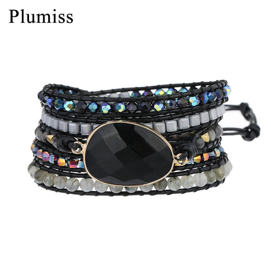 Plumiss Onyx Charm Wrap Bracelet for Women Gray Labradorite Crystal Natural Stone Bracelets Boho Lovers Jewelry Dropshipping