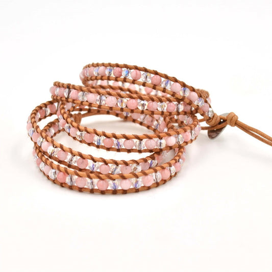 Retro 4mm Faceted Crystal Beaded Wrap Bracelet for Women Girls Romantic Pink Shell 5 Strands Boho Bracelets Femme Jewelry