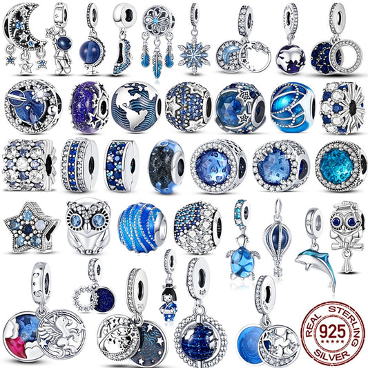 Silver 925 Blue Series Beads fit Pandora Bracelet Bangle Diy Original Design Star Moon Galaxy Charms For Jewelry Make