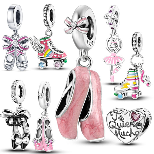 925 Sterling Silver Pink Ballet Skates Shoes Pendant Heart Charms Fit Original Pandora Necklace Bracelet Jewelry Making Women