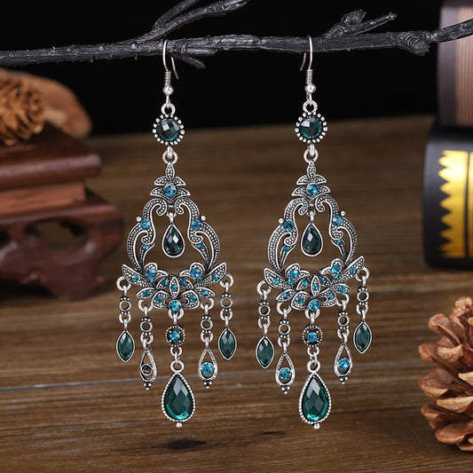 Bohemian Ethnic Long Blue Acrylic Crystal Water Drop Earrings for Women Retro Temperament Geometric Dangle Earrings Jewelry