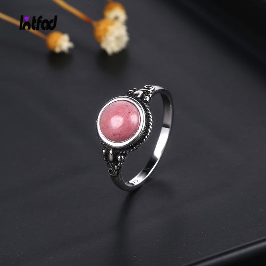 Retro Natural Round 8MM Rhodochrosite Tiger Eye Ring for Women 925 Sterling Silver Party Jewelry Ring Engagement Wedding Gift