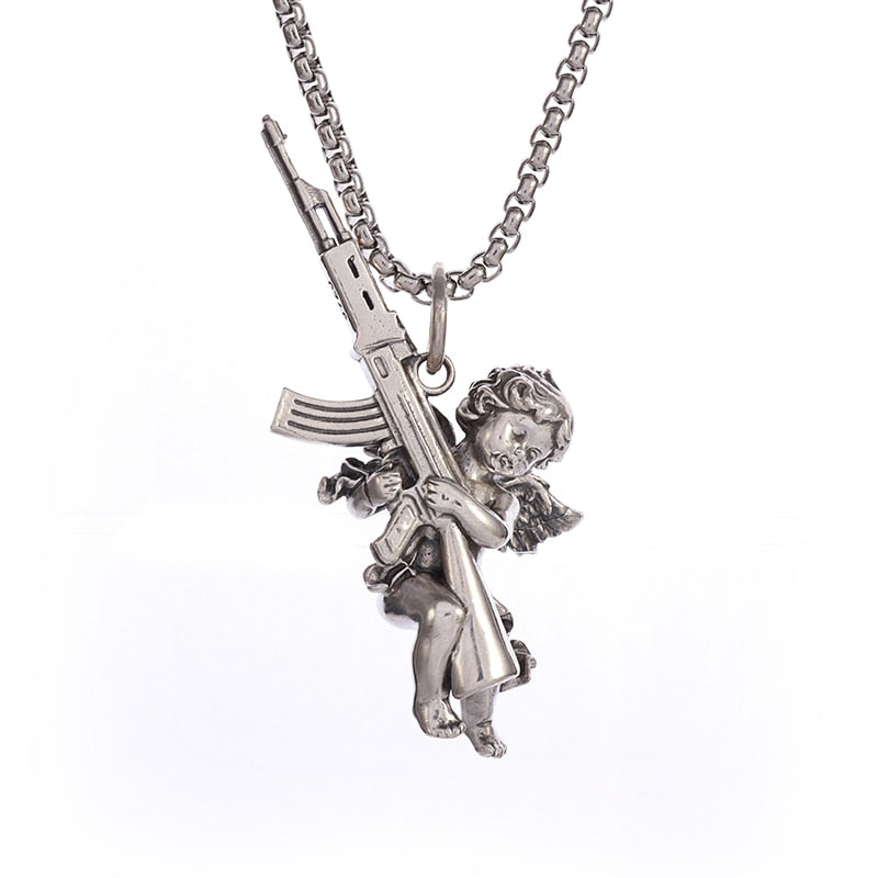 Vintage Unique Peace and War Angel Ak-47 Pendant Necklace for Men Women Fashion Street Punk Hip Hop Statement Jewelry Gift