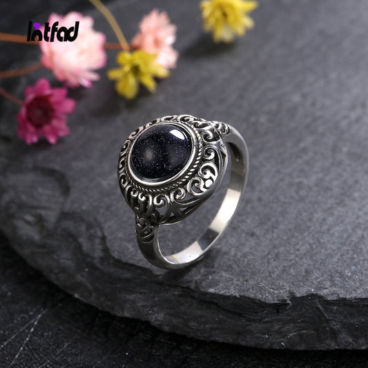 Vintage Natural Blue Sandstone Moonstone Ring 925 Sterling Silver Labradorite Hollow Luxury Fine Jewelry Wedding Gift for Women