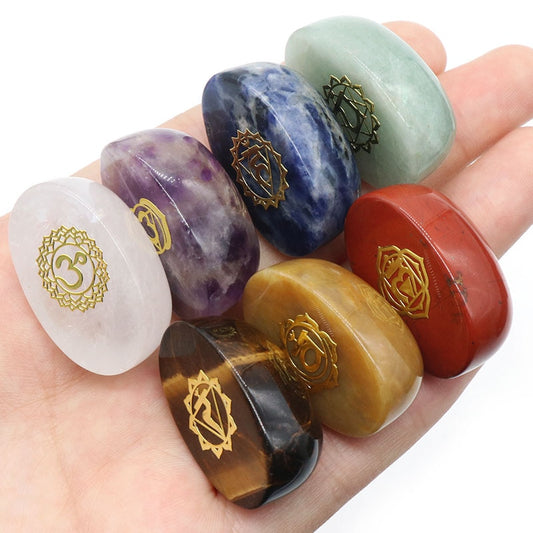 7Pcs Seven Chakras Natural Stone Set Egg Shape Crystal Reiki Healing Crystal Gemstone Engraved Ellipse Yoga Stone Home Decor
