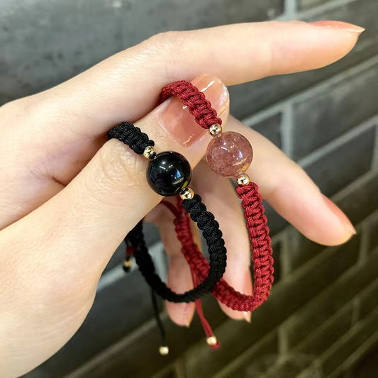 Boho Handmade Lucky Beads Crystal Bracelet for Women Red Black Obsidian Braided Rope Woven Couple Bracelet Fashion Jewelry Gift