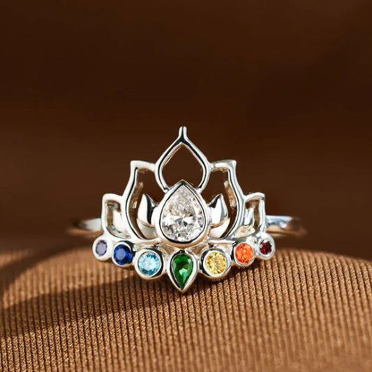 Lotus Flower Boho Colorful Yoga Rings 7 Chakras Rings for Women Healing Rainbow Crystals Amulet Jewelry Gifts