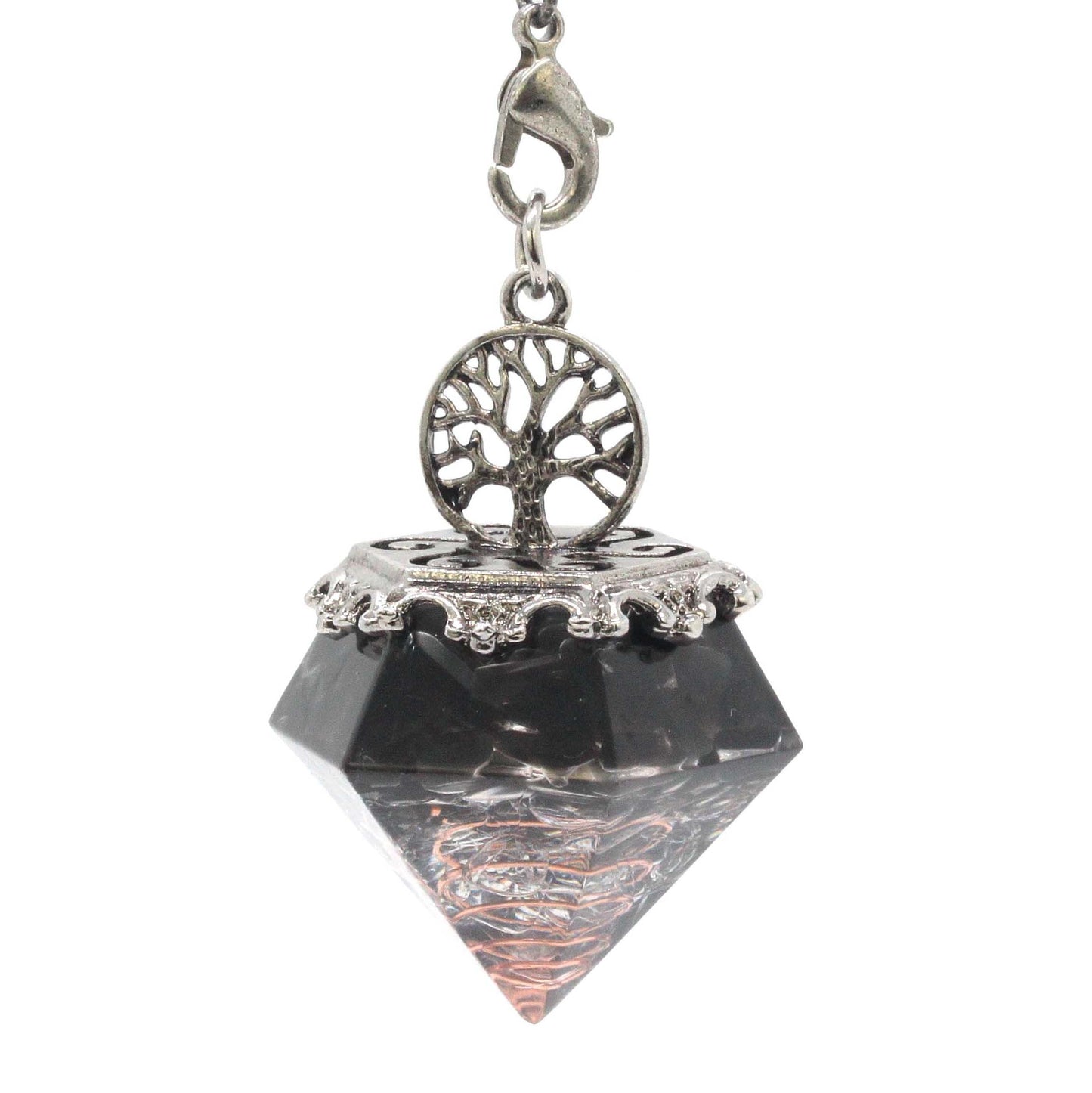KFT Natural Crystal Stone Orgonite Orgone Hexagonal Pyramid Tree of Life Stone Pendant Pendulum Chain For Energy Amulet Jewelry - Black Obsidian